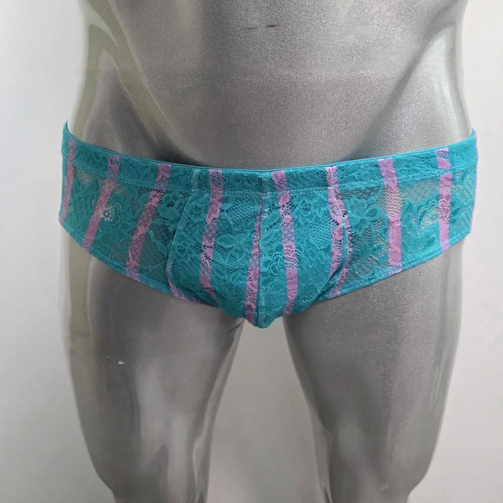 Cosabella Mens Never‎ Say Never Curvy Lace Brief Turquoise Lilac Striped Sheer M